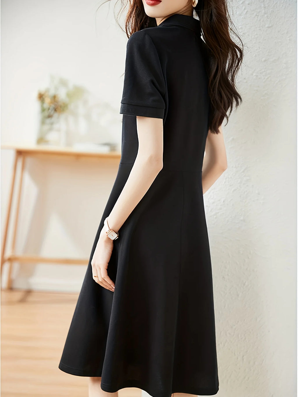 “Classic Audrey Hepburn Black Polo Midi Dress – Summer Slim Fit”