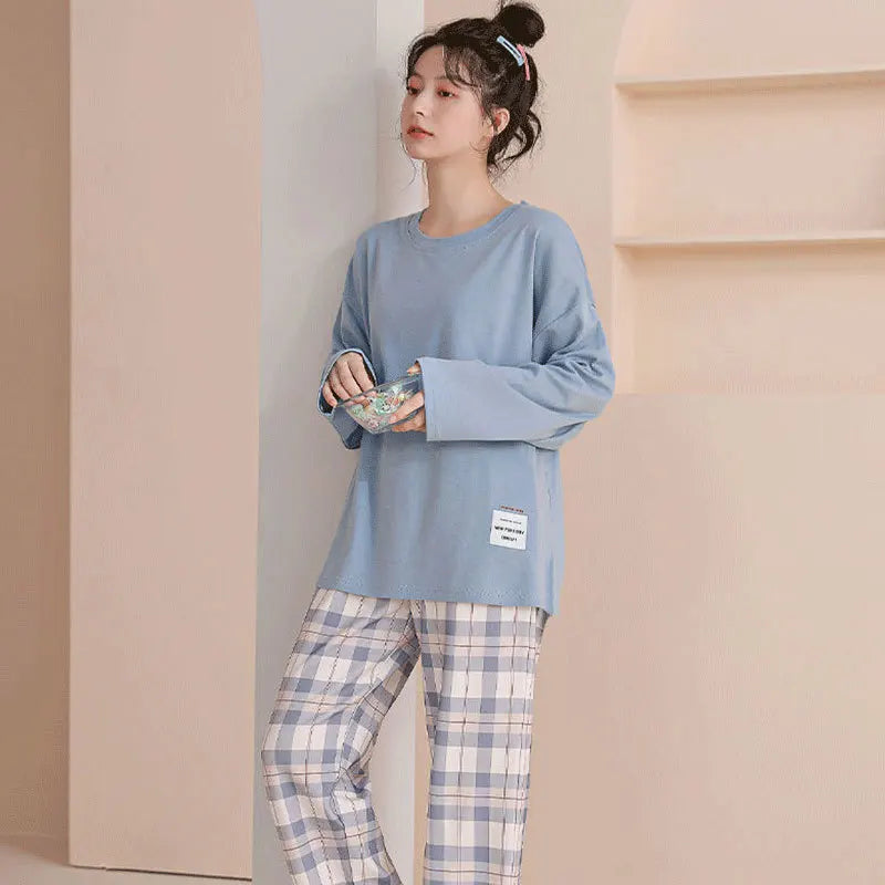 Korean Style Plaid Pajama Set – Long Sleeve Loungewear