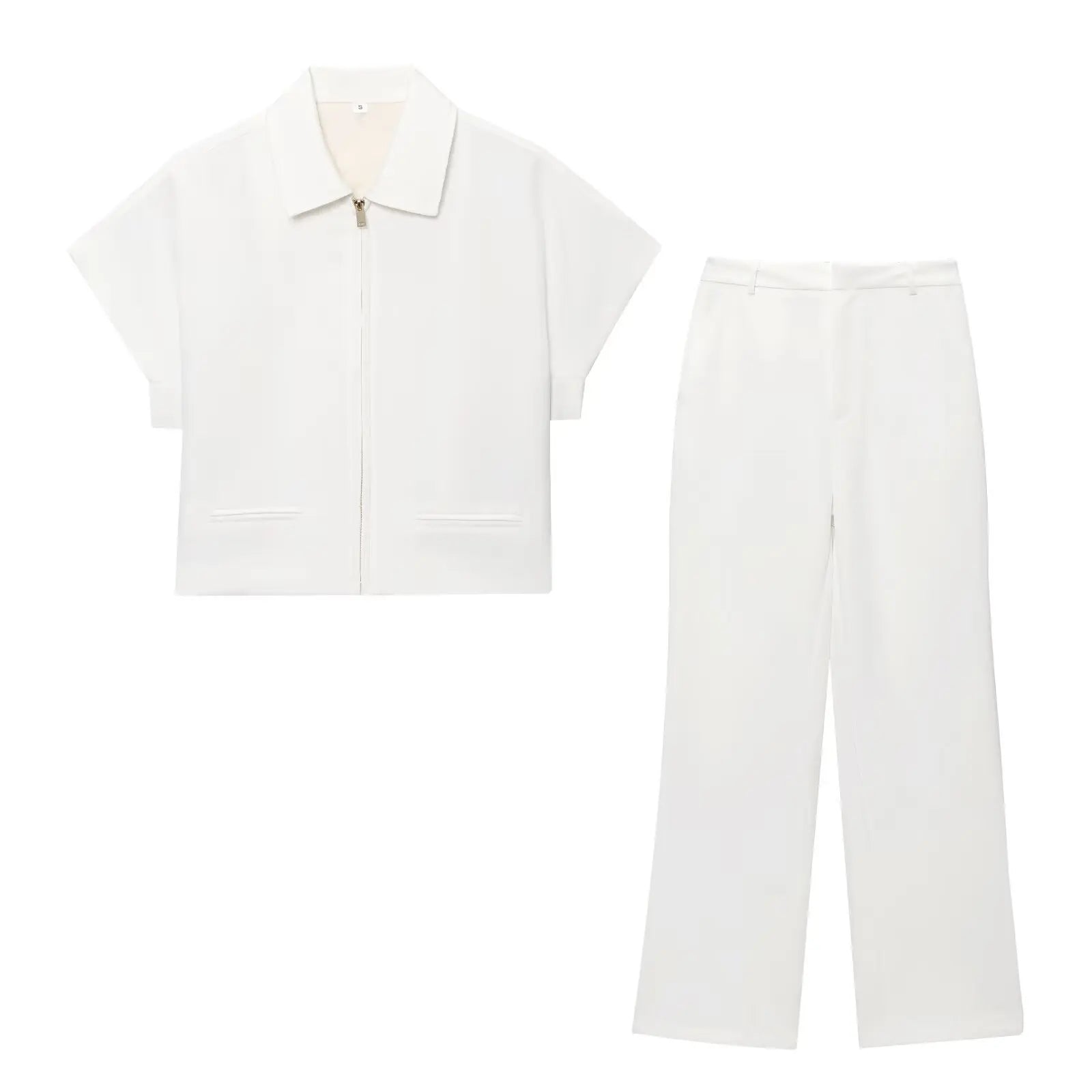 Women’s Summer 2-Piece Set – Slim Lapel Zipper Top & Wide-Leg Pants, Elegant Black