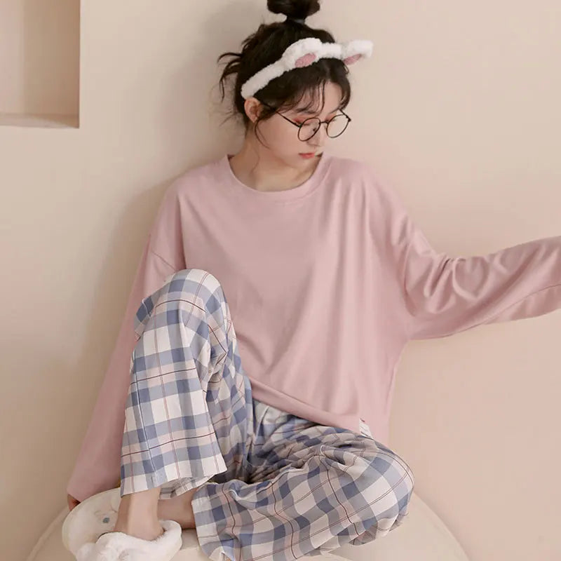 Korean Style Plaid Pajama Set – Long Sleeve Loungewear