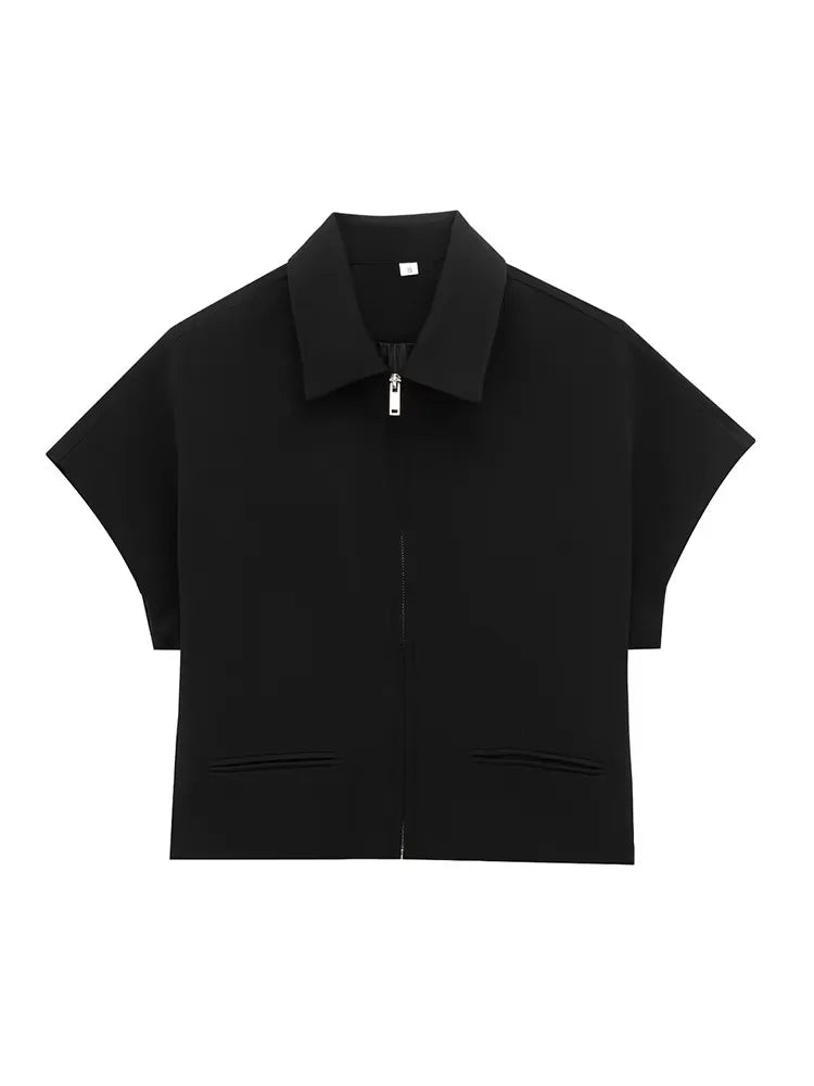 Women’s Summer 2-Piece Set – Slim Lapel Zipper Top & Wide-Leg Pants, Elegant Black