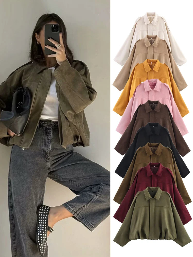Women’s Suede Oversize Bomber Jacket – Chic Streetwear