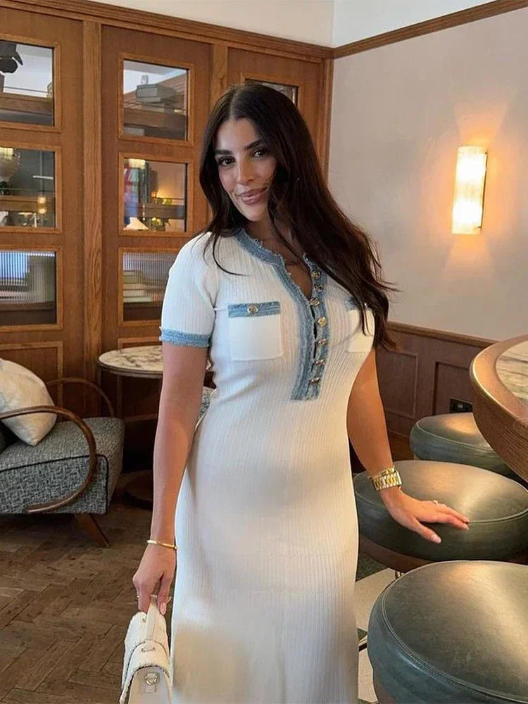 Elegant Denim Patchwork Bodycon Dress