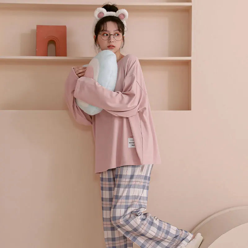 Korean Style Plaid Pajama Set – Long Sleeve Loungewear