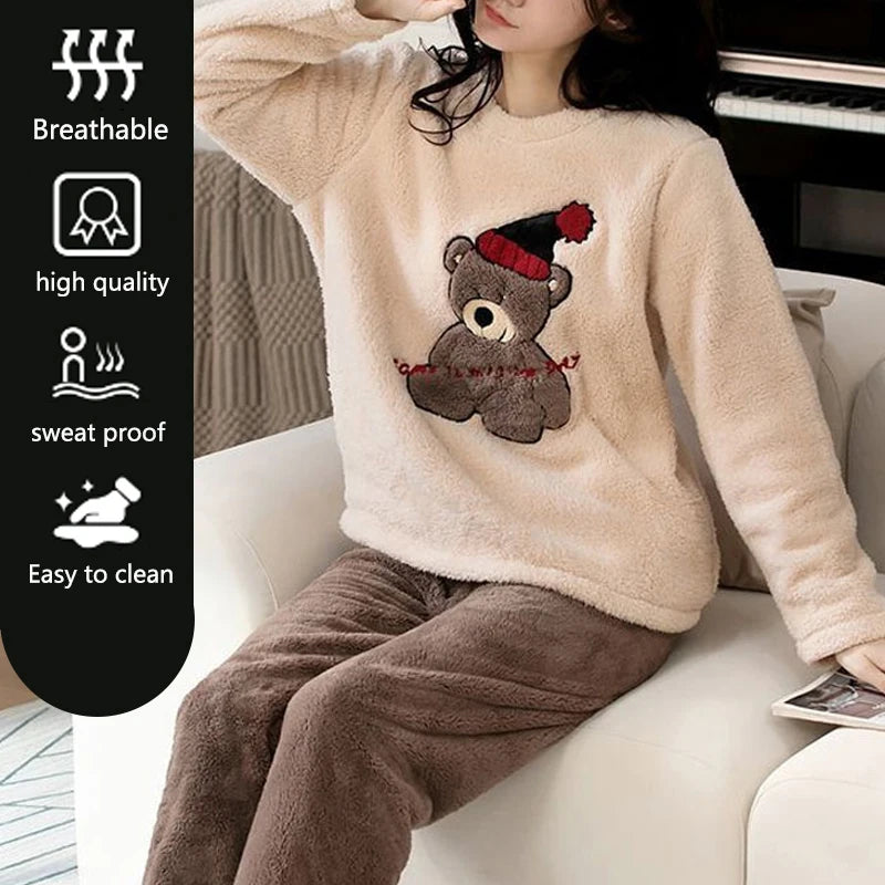 Cartoon Bear Warm Pajamas Set – Fall & Winte