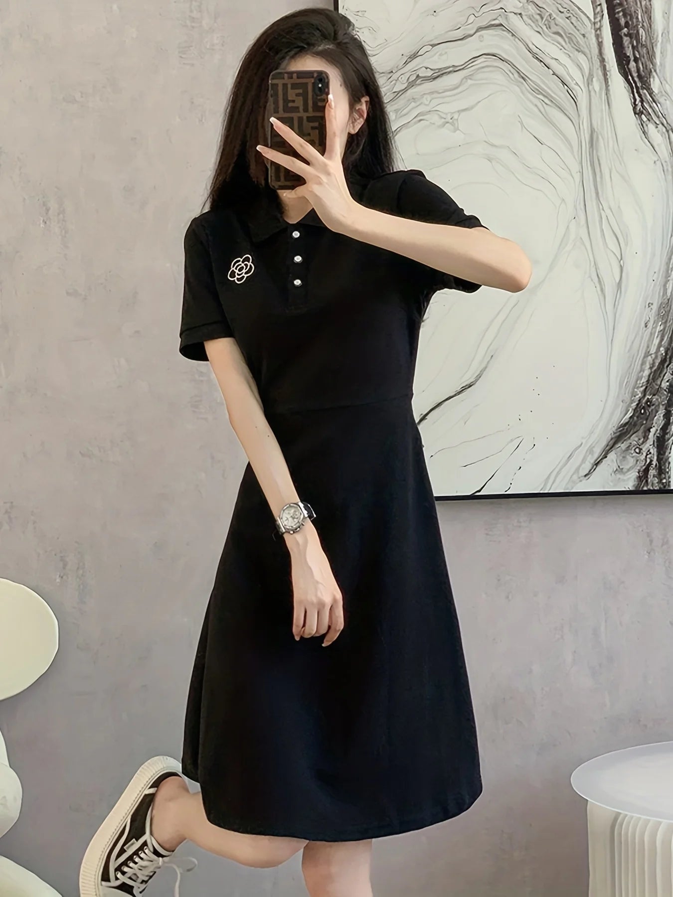 “Classic Audrey Hepburn Black Polo Midi Dress – Summer Slim Fit”