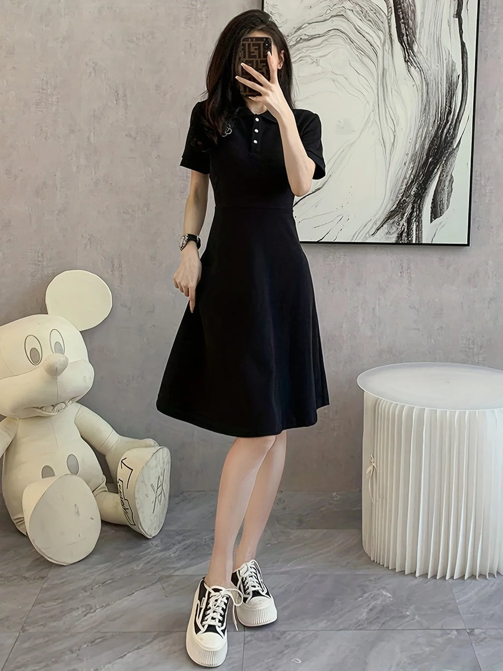 “Classic Audrey Hepburn Black Polo Midi Dress – Summer Slim Fit”