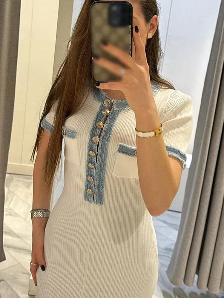 Elegant Denim Patchwork Bodycon Dress