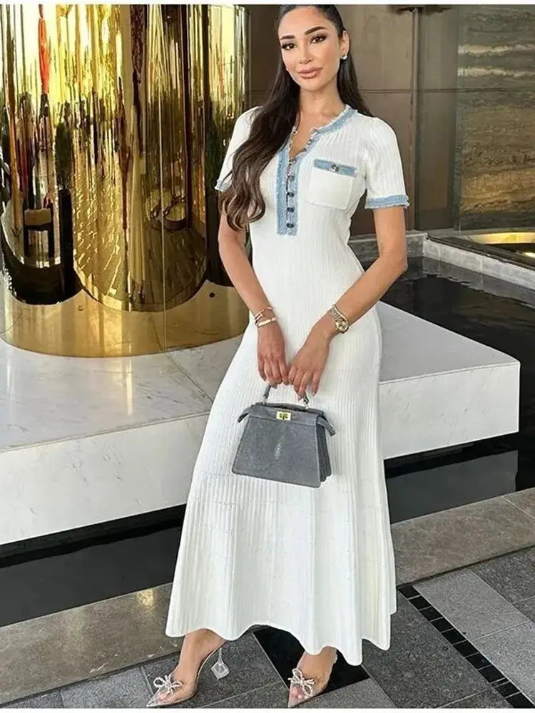 Elegant Denim Patchwork Bodycon Dress