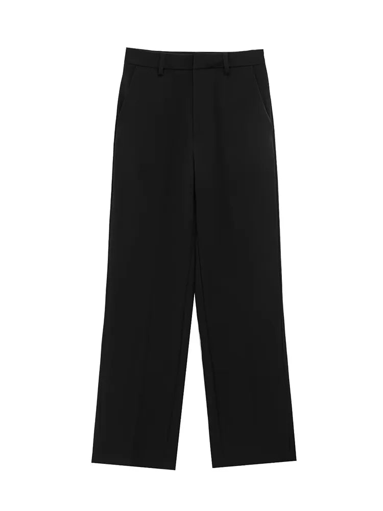 Women’s Summer 2-Piece Set – Slim Lapel Zipper Top & Wide-Leg Pants, Elegant Black