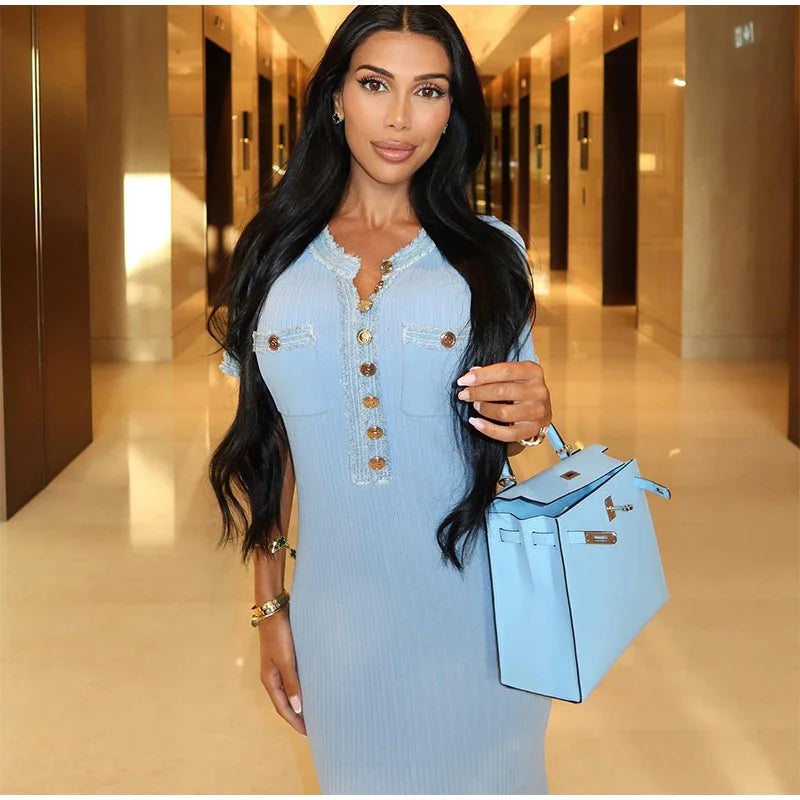 Elegant Denim Patchwork Bodycon Dress