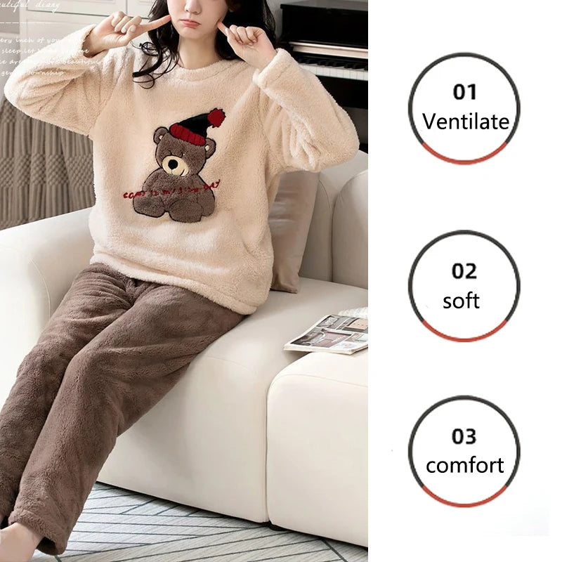 Cartoon Bear Warm Pajamas Set – Fall & Winte