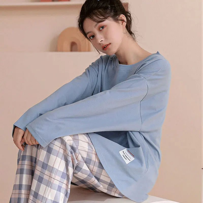 Korean Style Plaid Pajama Set – Long Sleeve Loungewear