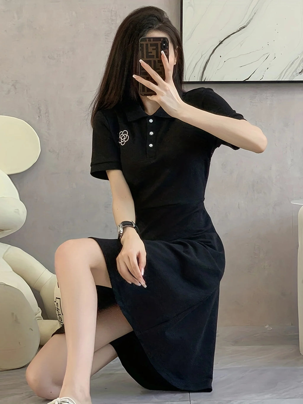 “Classic Audrey Hepburn Black Polo Midi Dress – Summer Slim Fit”
