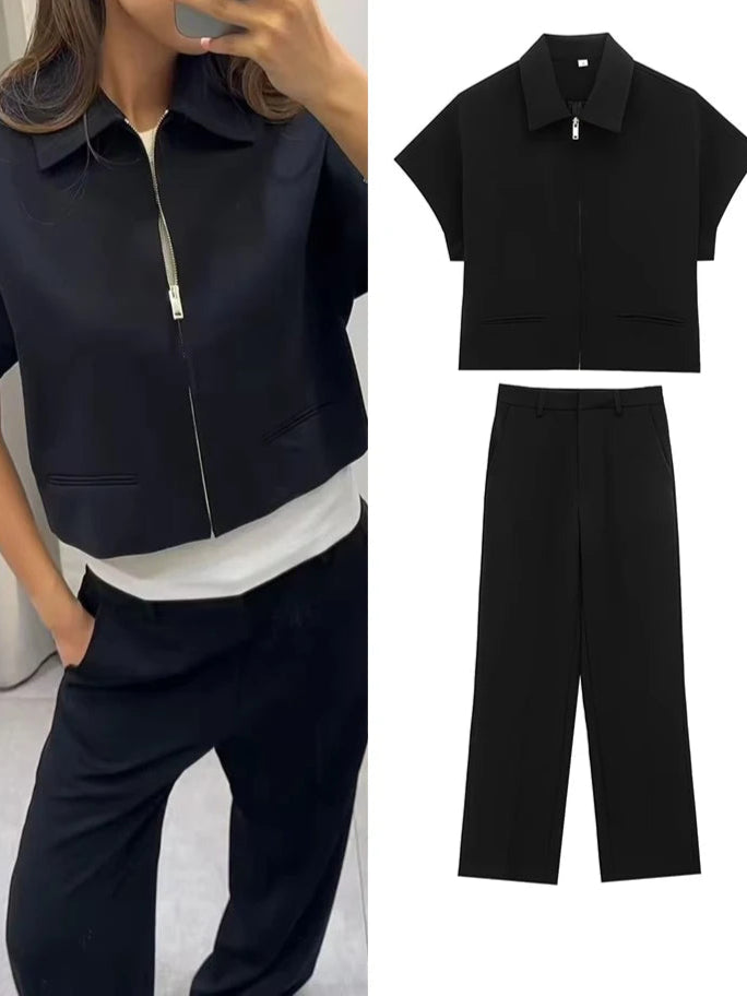 Women’s Summer 2-Piece Set – Slim Lapel Zipper Top & Wide-Leg Pants, Elegant Black