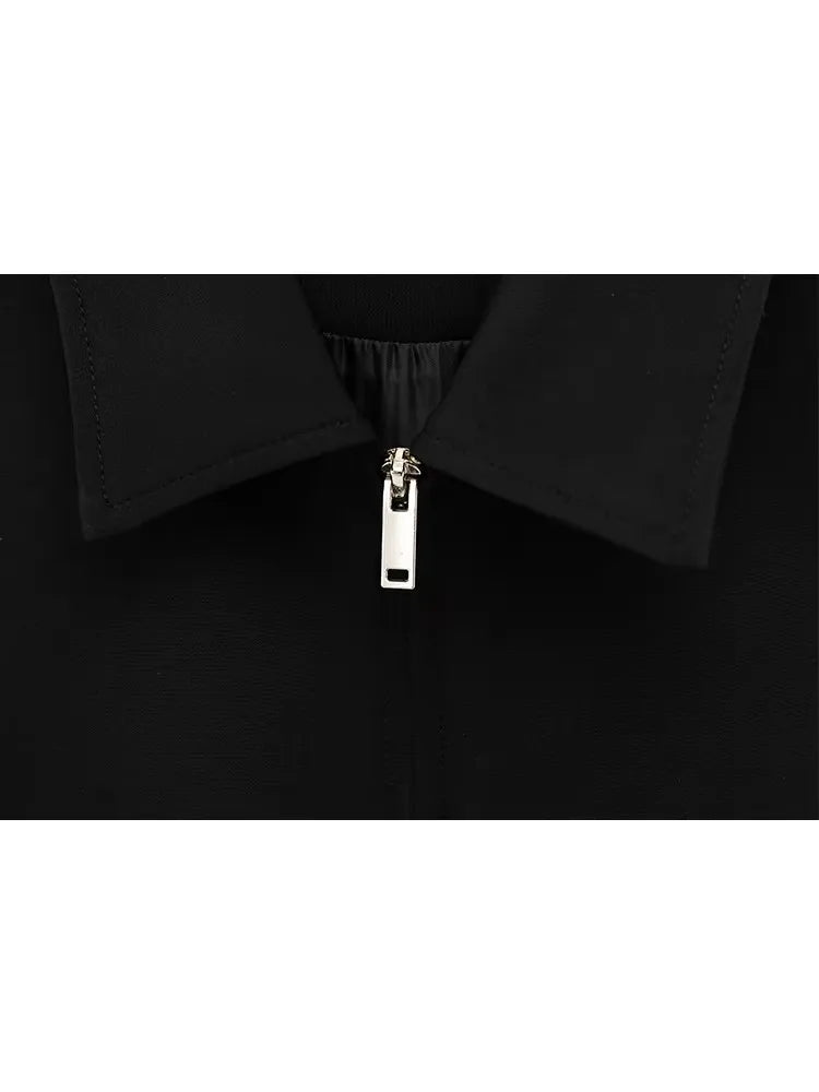 Women’s Summer 2-Piece Set – Slim Lapel Zipper Top & Wide-Leg Pants, Elegant Black