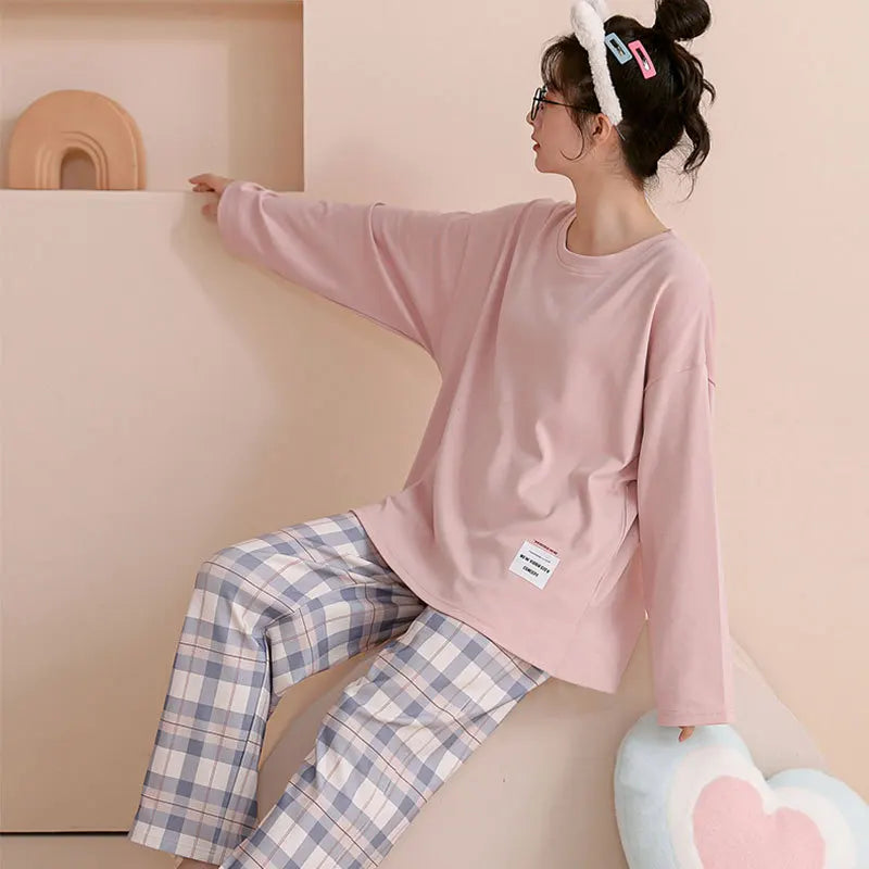 Korean Style Plaid Pajama Set – Long Sleeve Loungewear