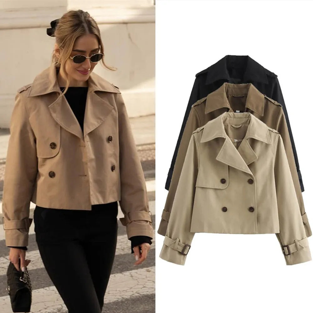 Women’s Vintage Cropped Trench Jacket – Chic Streetwear Coat